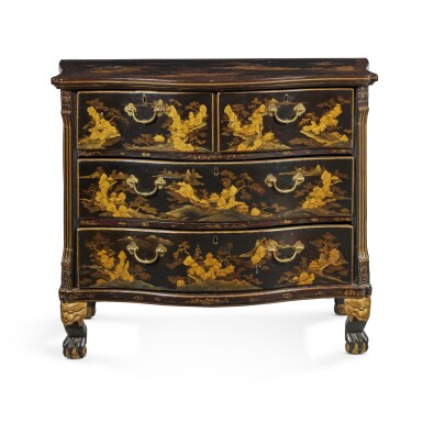 View full screen - View 1 of Lot 54. A Chinese Export Black and Gold Lacquer Serpentine Chest of Drawers, Second Half 18th Century.