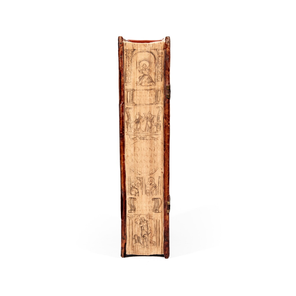 View full screen - View 1 of Lot 1083. Dionysius Carthusianus, In quatuor Evangelistas enarrationes, Cologne, 1543, blind-tooled calf with an early fore-edge painting.