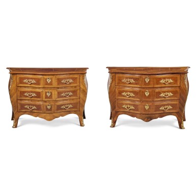 View full screen - View 1 of Lot 211. A Pair of George III Gilt Brass Mounted Padouk and Sabicu Commodes, one Circa 1765, the other a later copy.