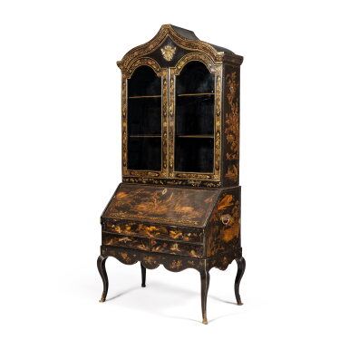 View full screen - View 1 of Lot 362. A Queen Anne parcel-gilt and black lacquer bureau-bookcase, part 18th century | Bureau en laque noire partiellement dorée d'époque Queen Ann, en partie du XVIIIe siècle.