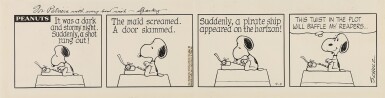 View full screen - View 1 of Lot 178. SCHULZ, CHARLES | Original four-panel Peanuts daily comic strip signed by Schulz.