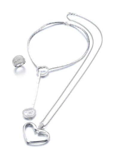View full screen - View 1 of Lot 45. DIAMOND NECKLACE, 'HAPPY DIAMONDS', CHOPARD, GOLD AND DIAMOND PENDANT AND A RING.