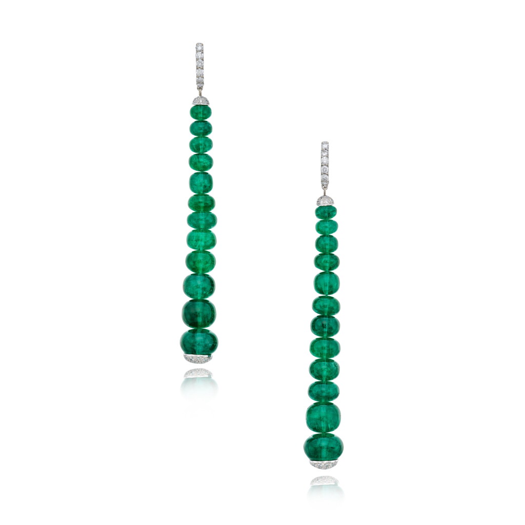 View full screen - View 1 of Lot 269. Pair of Emerald and Diamond Earrings.