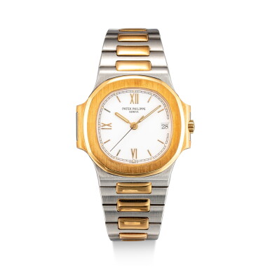 View full screen - View 1 of Lot 604. PATEK PHILIPPE | NAUTILUS, REFERENCE 3800 A YELLOW GOLD AND STAINLESS STEEL BRACELET WATCH WITH DATE, CIRCA 1995.