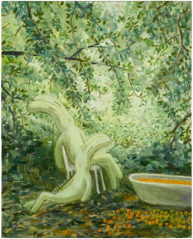 View full screen - View 1 of Lot 5. Two bunnies with a bathtub with oranges.