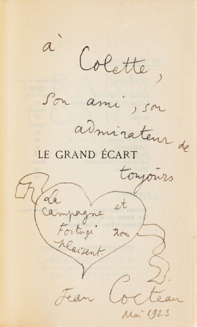 View full screen - View 1 of Lot 86. Le Grand écart. Paris, 1923. In-12. Rel. de P.L. Martin. Envoi autographe signé de Cocteau à Colette..