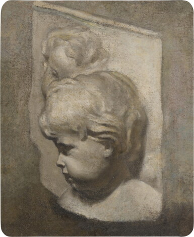 View full screen - View 1 of Lot 153. A trompe l'oeil of a marble bas-relief with the heads of two putti.