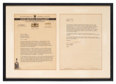 View full screen - View 1 of Lot 202. Jack Daniel Distillery | Typed letter signed to Paul Newman, regarding an unsatisfactory bottle of Jack Daniel Black Label.