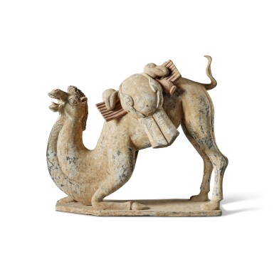 View full screen - View 1 of Lot 550. A painted pottery camel, Tang dynasty | 唐 陶加彩駱駝.