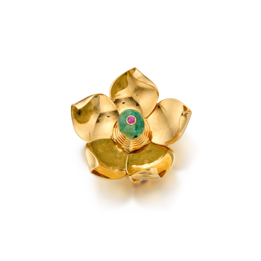 View full screen - View 1 of Lot 441. Gold, Emerald and Ruby Clip, France.