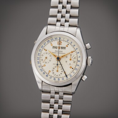 View full screen - View 1 of Lot 76. Reference 6236 Datocompax 'Jean Claude Killy' | A stainless steel triple calendar chronograph wristwatch with bracelet, Circa 1960.