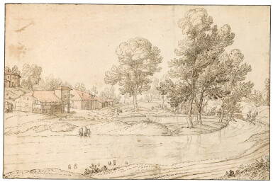 View full screen - View 1 of Lot 21. A Landscape with Houses on the Bank of a River.
