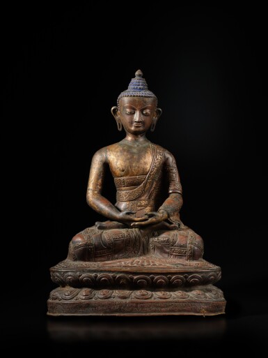 View full screen - View 1 of Lot 133. A large inscribed copper-repoussé figure of Amitabha Buddha, Tibet or Nepal, circa 17th century.