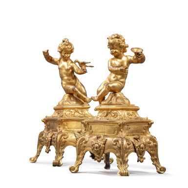 View full screen - View 1 of Lot 37. A pair of Régence gilt-bronze andirons, circa 1720 .