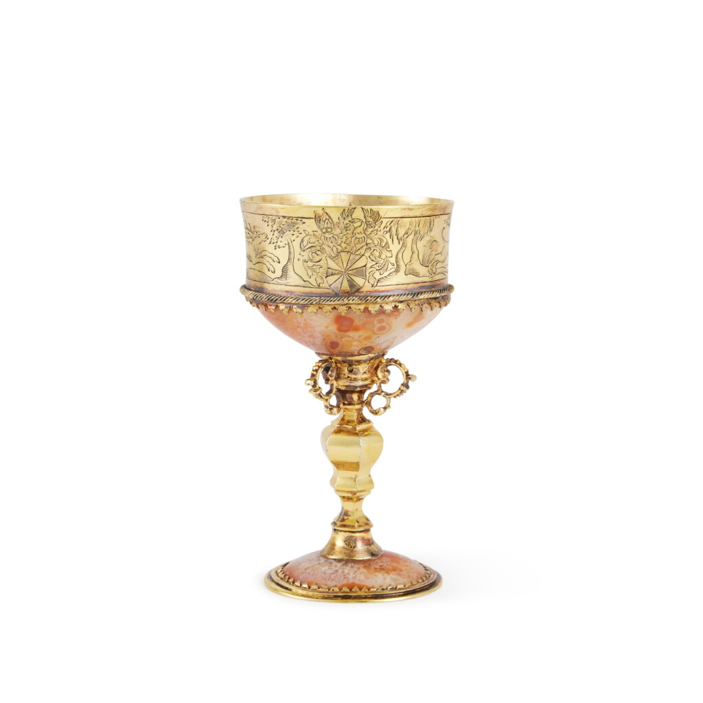 View full screen - View 1 of Lot 87. A German Small Silver-Gilt Mounted Agate Standing Cup, Dated 1627.