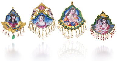 View full screen - View 1 of Lot 308. FOUR QAJAR GOLD AND POLYCHROME ENAMELLED EARRINGS/PENDANTS, PERSIA, 19TH CENTURY.