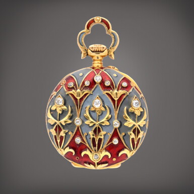 View full screen - View 1 of Lot 423. Retailed by Jon Hartmann, Berlin: A yellow gold, enamel and diamond-set open faced keyless watch | Circa 1900.