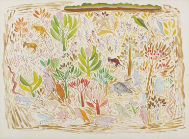 View full screen - View 1 of Lot 4. UNTITLED (LANDSCAPE WITH MARSUPIALS, BIRDS, REPTILES AND INSECTS), CIRCA 1965.