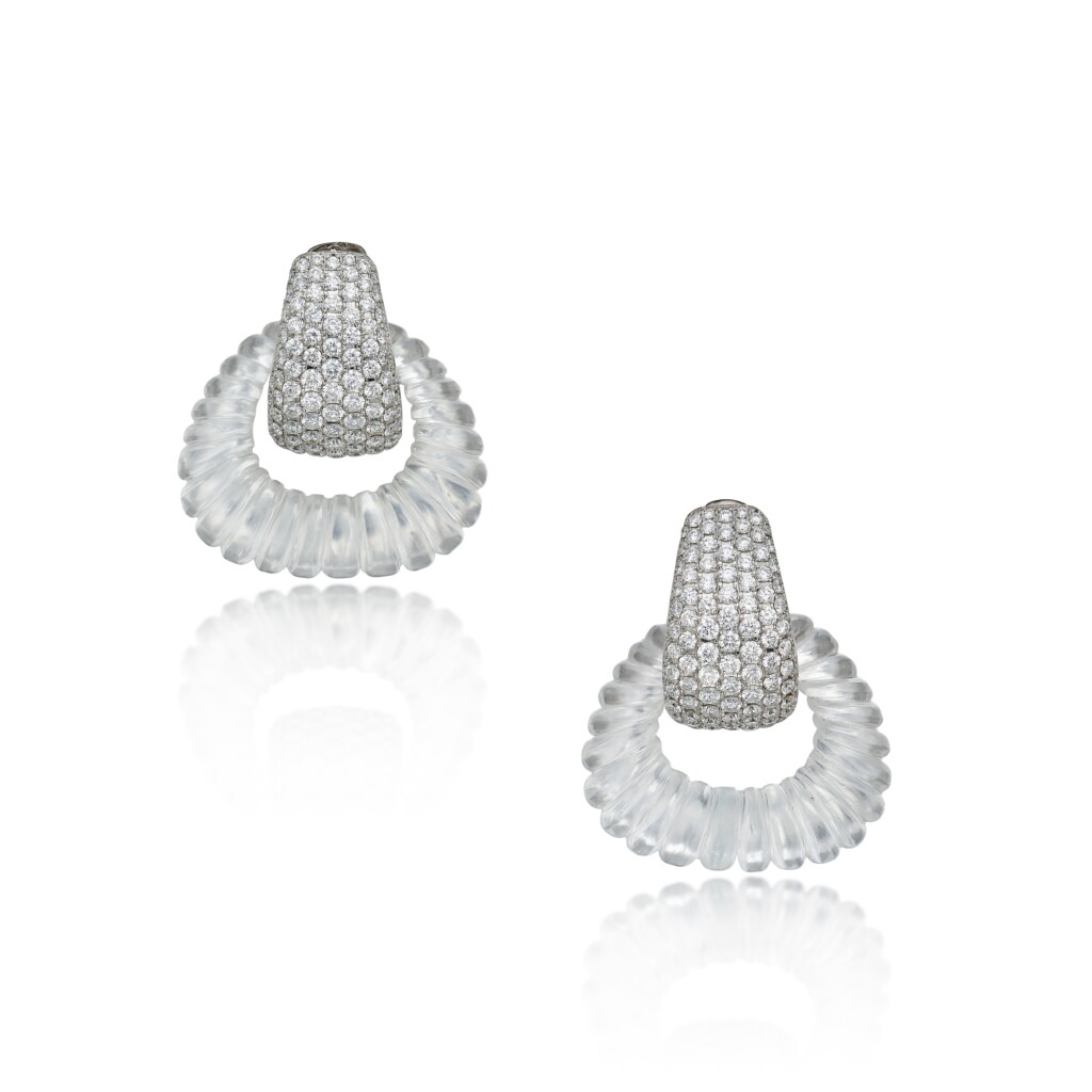 View full screen - View 1 of Lot 255. Pair of Rock Crystal and Diamond Earclips.