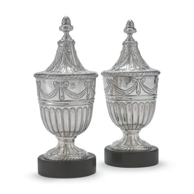 View full screen - View 1 of Lot 749. A PAIR OF ITALIAN SILVER URNS, MAKER'S MARK BG, VENICE, CIRCA 1790.