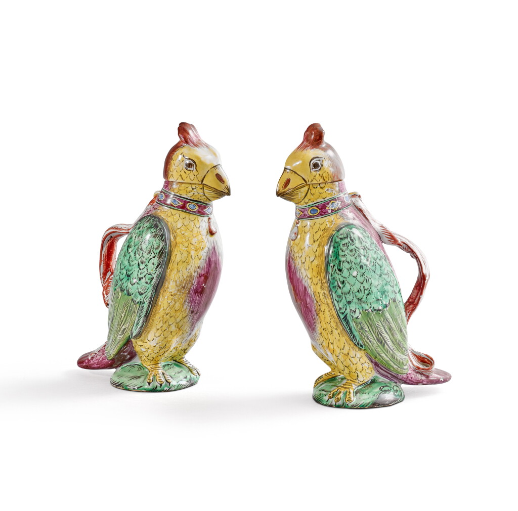 View full screen - View 1 of Lot 67. A Pair of Holics Faience Parrot-Form Ewers and Covers, Circa 1760-70.