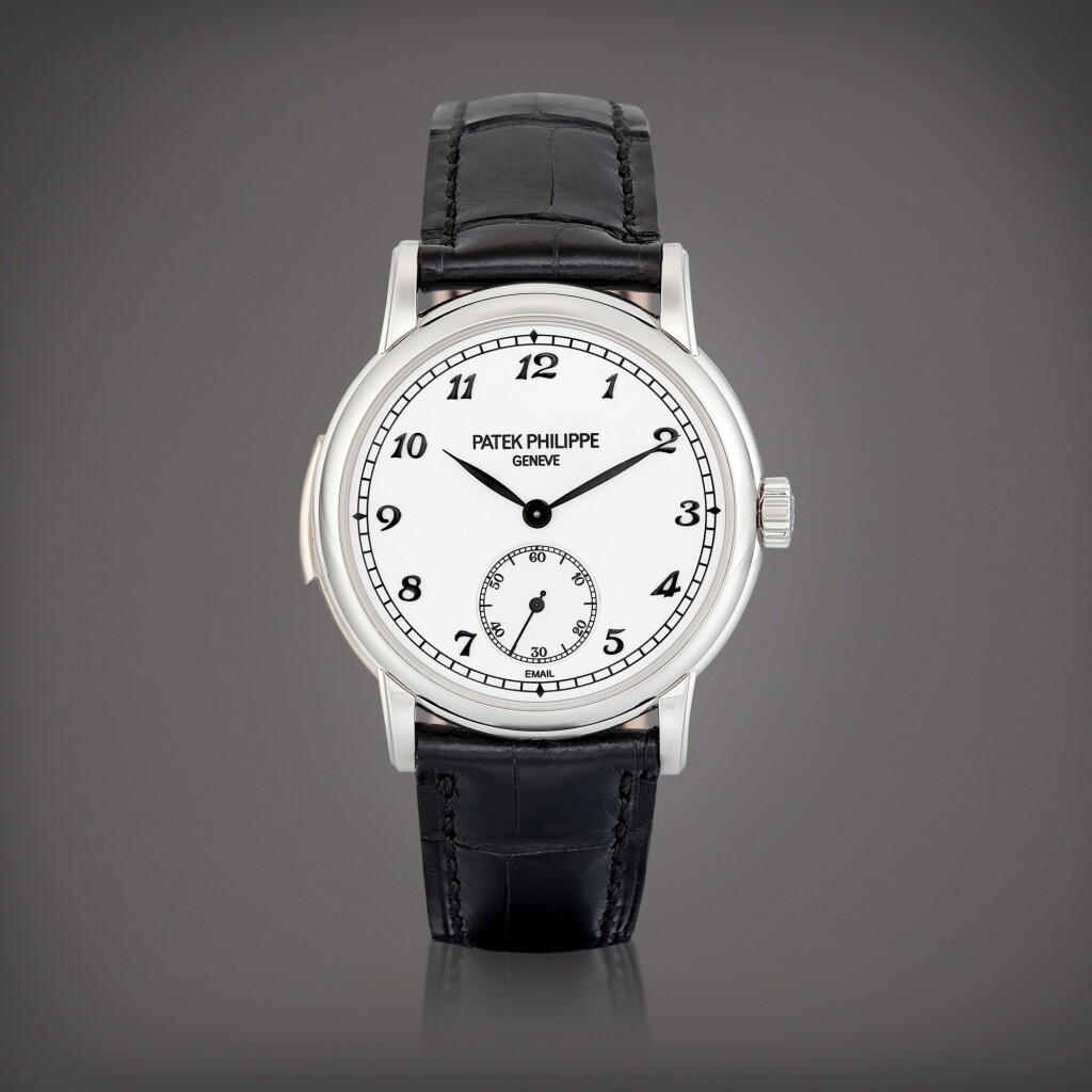 View full screen - View 1 of Lot 2297. Reference 5078 | A possibly unique platinum minute repeating wristwatch with blackened Breguet numerals and enamel dial, Circa 2011 | 百達翡麗 | 型號5078 | 應為獨一無二鉑金三問腕錶,備黑色寶璣式時標及琺瑯錶盤,約2011年製.
