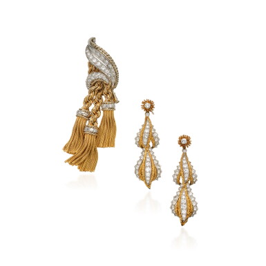 View full screen - View 1 of Lot 541. Gold, Platinum and Diamond Brooch and Pair of Pendant-Earrings.