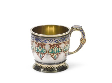 View full screen - View 1 of Lot 282. A silver-gilt and champlevé enamel teaglass holder, Sazikov, St Petersburg, late 19th century.