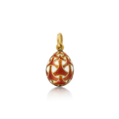 View full screen - View 1 of Lot 146. A Fabergé gold-mounted guilloché enamel egg pendant, probably St Petersburg, circa 1890 .