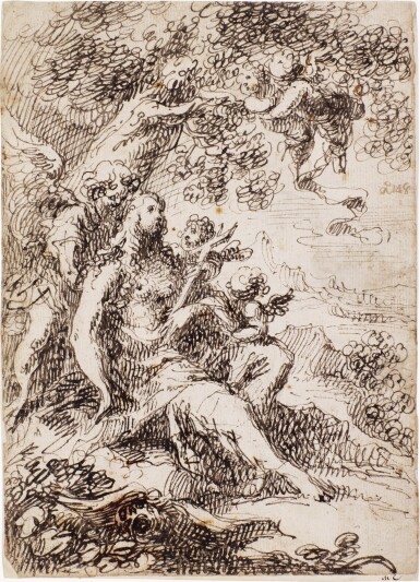View full screen - View 1 of Lot 96. Penitent Magdalene with an angel and winged putti.
