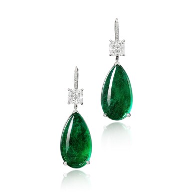 View full screen - View 1 of Lot 1848. Pair of Emerald and Diamond Pendent Earrings | 25.82 及 23.82 克拉「贊比亞」 祖母綠 配 鑽石 耳墜一對.