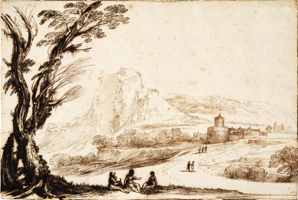 View full screen - View 1 of Lot 29. An extensive landscape with a large tree to the left, fortified buildings and a bridge to the right along a road with travelers, three figures resting in the foreground.