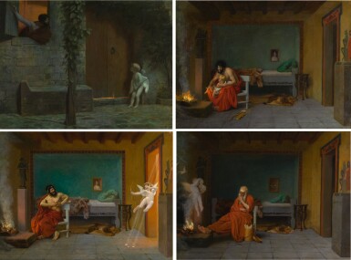 View full screen - View 1 of Lot 670. The Story of Anacreon (Four Works): Cupid at the Door in a Rainstorm; Young Love's Shivering Limbs the Embers Warm; Cupid Runs out the Door; The Poet Dreams of Cupid by the Fire.