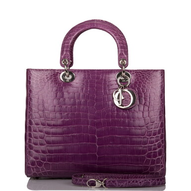 View full screen - View 1 of Lot 185. Purple Shiny Crocodile Large Lady Dior Bag Silver Hardware.