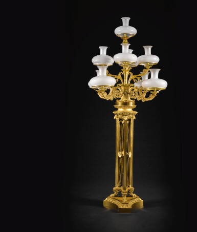 View full screen - View 1 of Lot 68. A GEORGE IV GILT-BRONZE NINE LIGHT CANDELABRUM, CIRCA 1825.