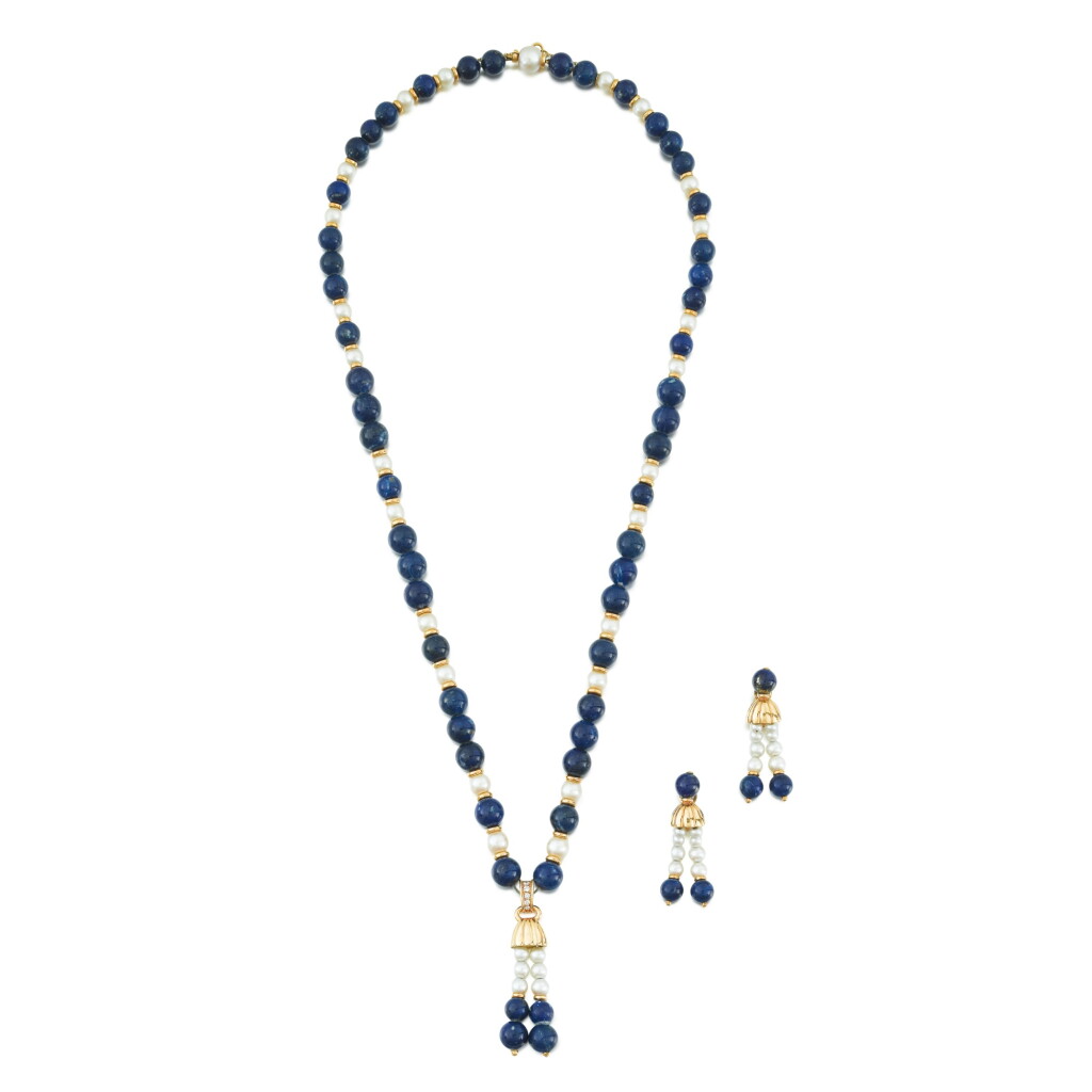 View full screen - View 1 of Lot 180. Pearl, lapis-lazuli and diamond half-set.