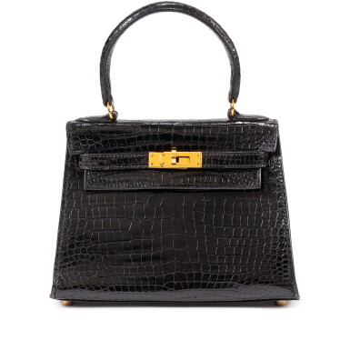 View full screen - View 1 of Lot 487. Black Shiny Porosus Crocodile Mini Kelly 20 Sellier Gold Hardware, 1992.