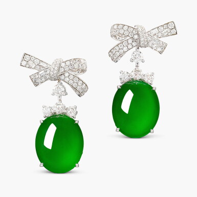 View full screen - View 1 of Lot 1649. Pair of Jadeite and Diamond Earrings | 天然「緬甸」翡翠 配 鑽石 耳環一對.