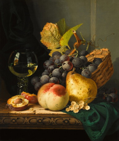 View full screen - View 1 of Lot 99. Still Life with a Peach, a Pear, Plums and Grapes with a Goblet of Wine.