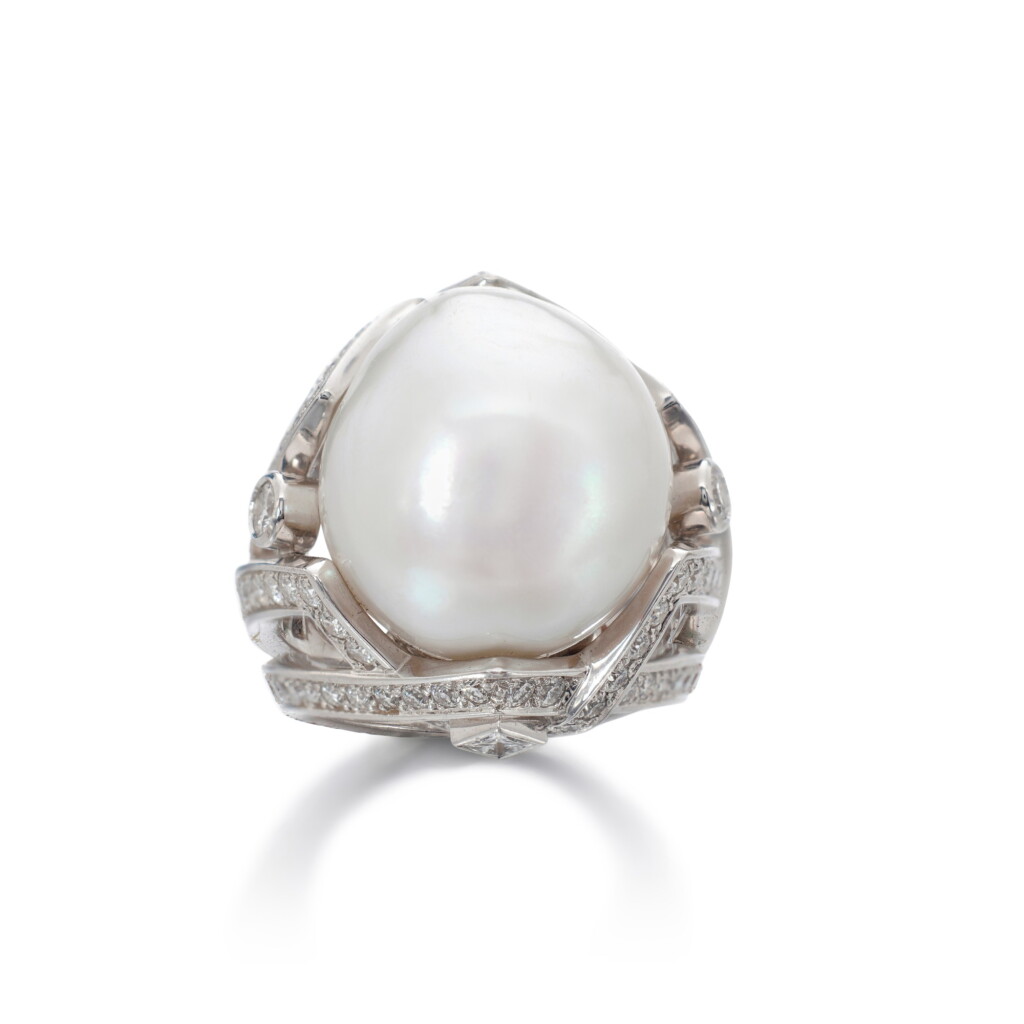 View full screen - View 1 of Lot 225. Cultured pearl and diamond ring | 寶詩龍 | 養殖珍珠配鑽石戒指.