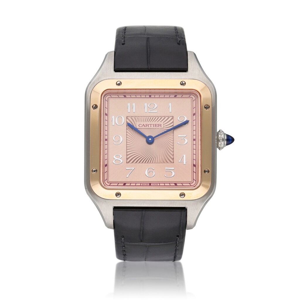View full screen - View 1 of Lot 51. Reference W2SA0025 Santos Dumont XL | A limited edition stainless steel and pink gold square shaped wristwatch, Circa 2021.
