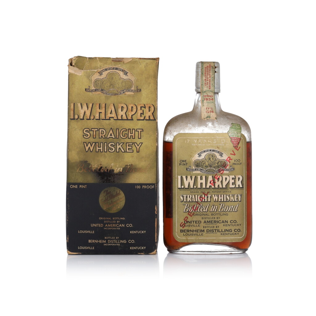 View full screen - View 1 of Lot 232. I.W. Harper Special Reserve 17 Year Old 100 Proof 1916 (1 BT Pint).