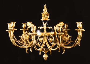 View full screen - View 1 of Lot 319. A late Louis XVI large blue patinated and gilt-bronze nine-light chandelier, the model attributed to Jean-Démosthène Dugourc, possibly by François Rémond, circa 1790 | Grand lustre à neuf lumières en bronze verni bleu nuit et bronze doré d’époque Louis XVI, vers 1790, d’après un modèle attribué à Dugourc, peut-être par Rémond.