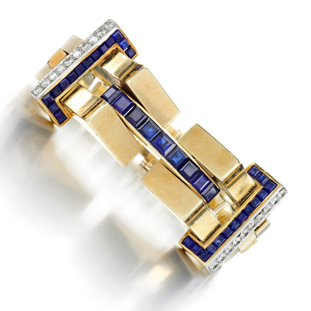 View full screen - View 1 of Lot 86. Sapphire and diamond bracelet, 1940s.