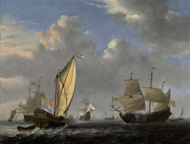 View full screen - View 1 of Lot 36. WILLEM VAN DE VELDE THE YOUNGER | A STATES YACHT FROM THE ADMIRALTY OF AMSTERDAM, BEFORE A MODERATE BREEZE, MEETING A TWO-DECKER.
