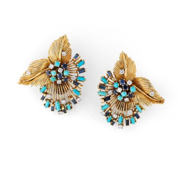 View full screen - View 1 of Lot 61. Paire de clips d'oreille pierres de couleur et diamants | Pair of gem set and diamond ear clips.