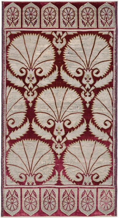 View full screen - View 1 of Lot 168. AN OTTOMAN VOIDED VELVET AND METAL-THREAD SILK PANEL (YASTIK), TURKEY, BURSA OR ISTANBUL, 17TH CENTURY.