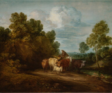 View full screen - View 1 of Lot 343. Wooded Landscape with Cows, a Drover and Mounted Peasant, and Distant Buildings.