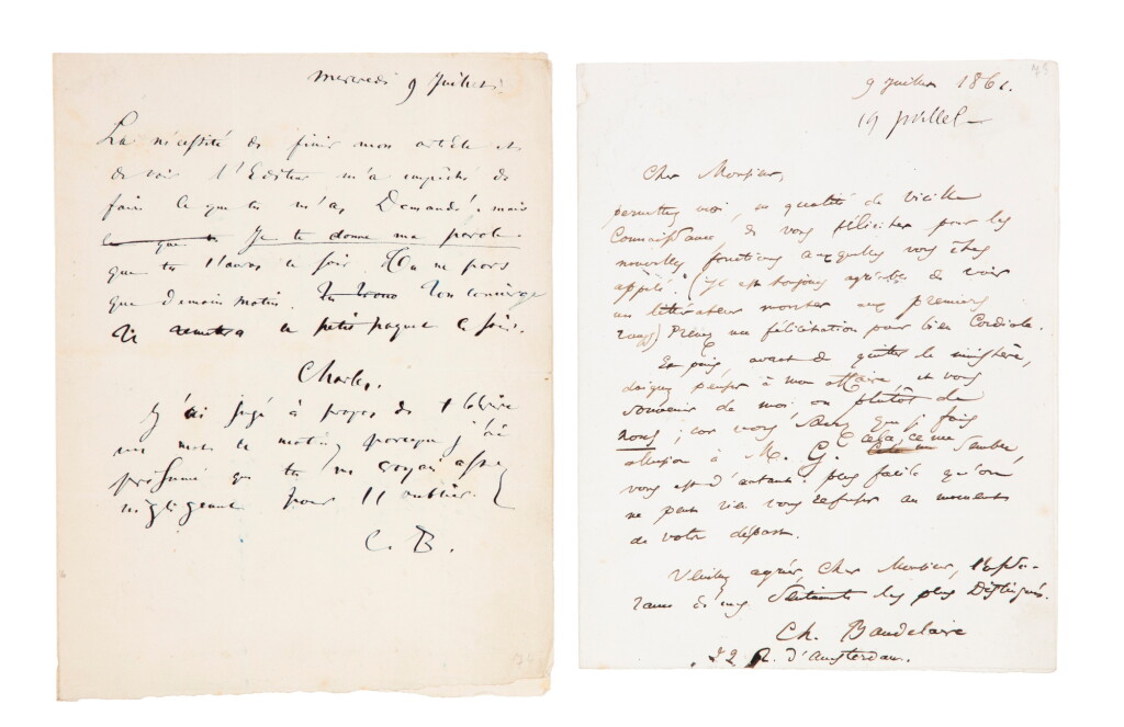 View full screen - View 1 of Lot 21. Deux lettres autographes signées, 9 juillet 1851 et 9 juillet 1861. La première à Mme Aupick et la seconde à Arthur de La Guéronnière..