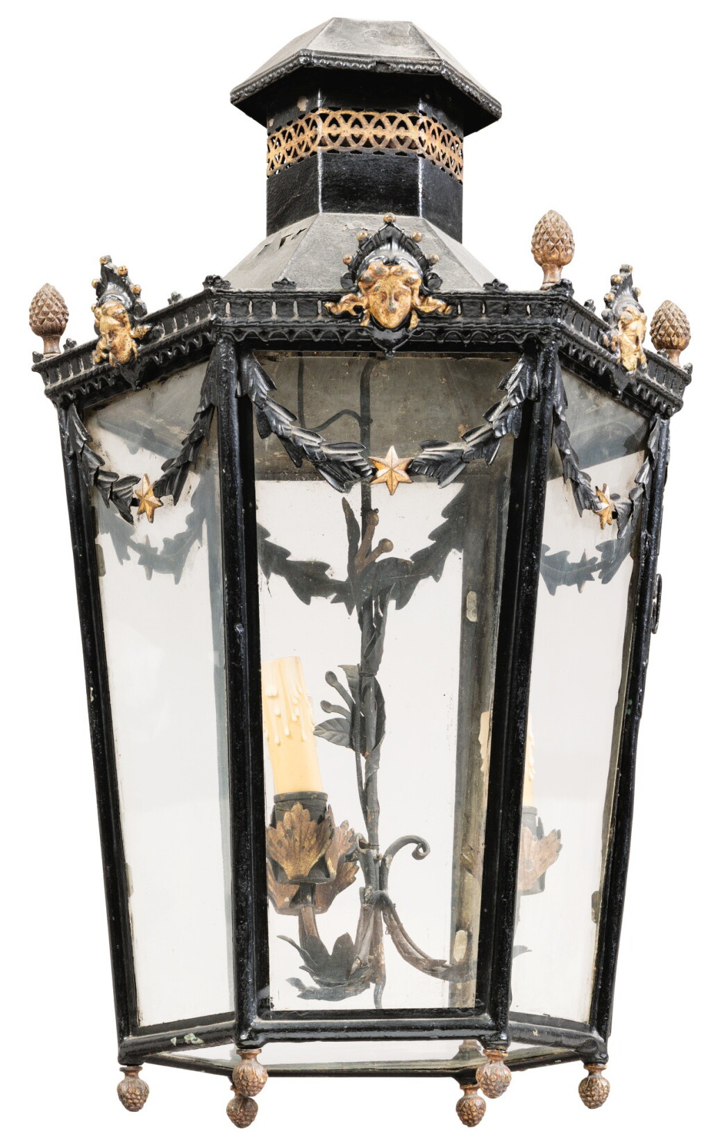 View full screen - View 1 of Lot 1. A NEOCLASSICAL STYLE GILT AND PAINTED METAL LANTERN | LANTERNE EN MÉTAL PEINT ET DORÉ DE STYLE NÉOCLASSIQUE.